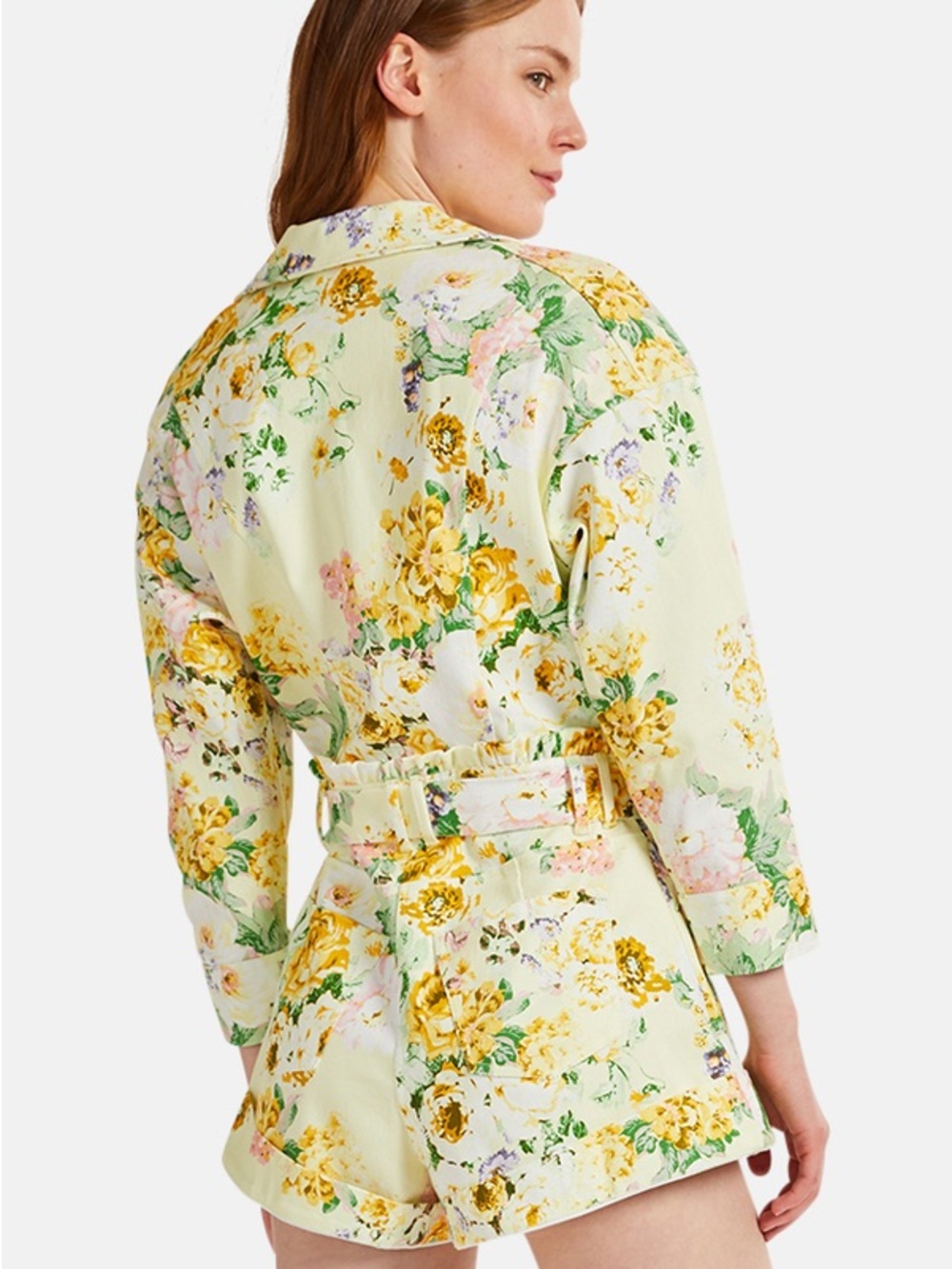 For Love & Lemons Chamomile Denim Romper Buttercreme Floral Size Medium - Picture 2 of 9